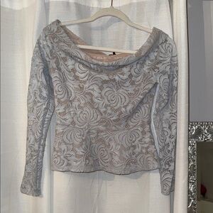 BCBGMaxAzria Lace Off-Shoulder Top in Light Gray